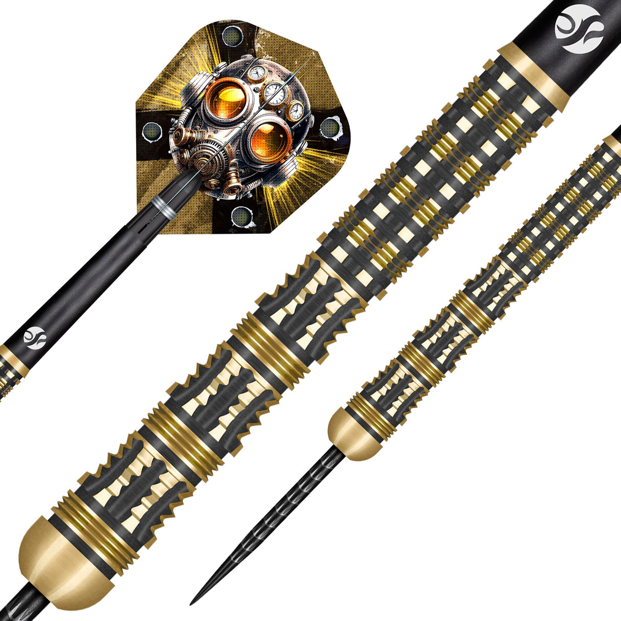 Close-up tungsten dart barrels with gold-black grip, precision point, and steampunk-themed flight, isolated on white background