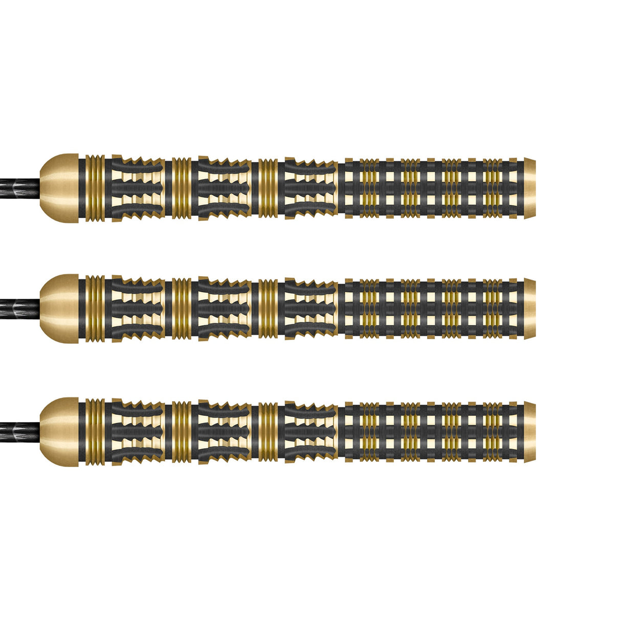 three 90 percent tungsten dart barrels side by side on white background highlighting precision cut gold and black grip details