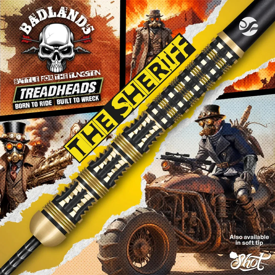 Macro close-up of 90% tungsten dart barrel showing textured grip and gold accents on themed Badlands Sheriff display