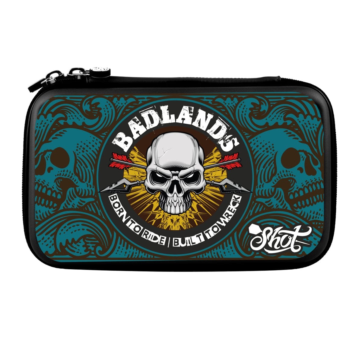 Shot Badlands Tactical two-set dart case in blue with skull artwork, shown closed on a white background