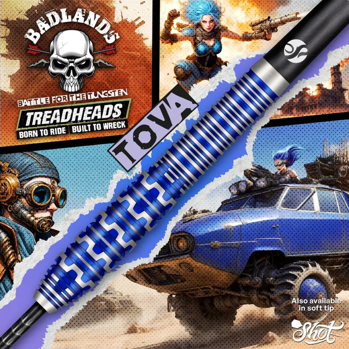 Angled close-up of tungsten dart barrel with blue grip rings, precision machine cuts, set against post-apocalyptic themed graphics