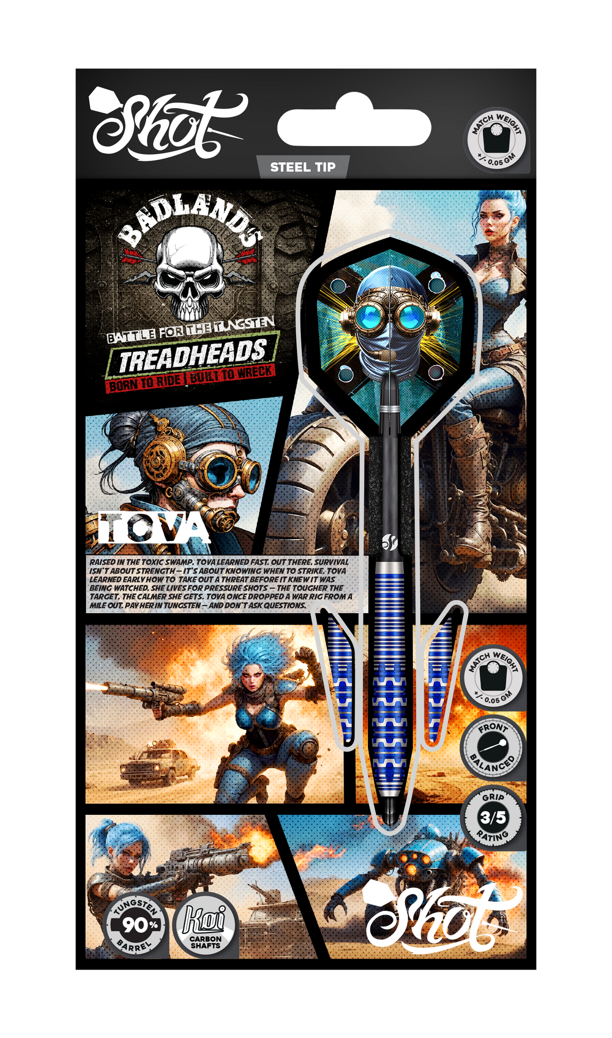 Steel tip tungsten darts in retail packaging with blue barrel, Tova flights, grip texture, and illustrated post-apocalyptic theme
