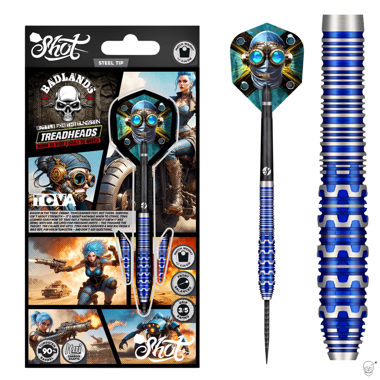 Steel tip tungsten dart in retail packaging with detailed blue machined barrel grip and sci-fi themed flight, shown in full product and macro view