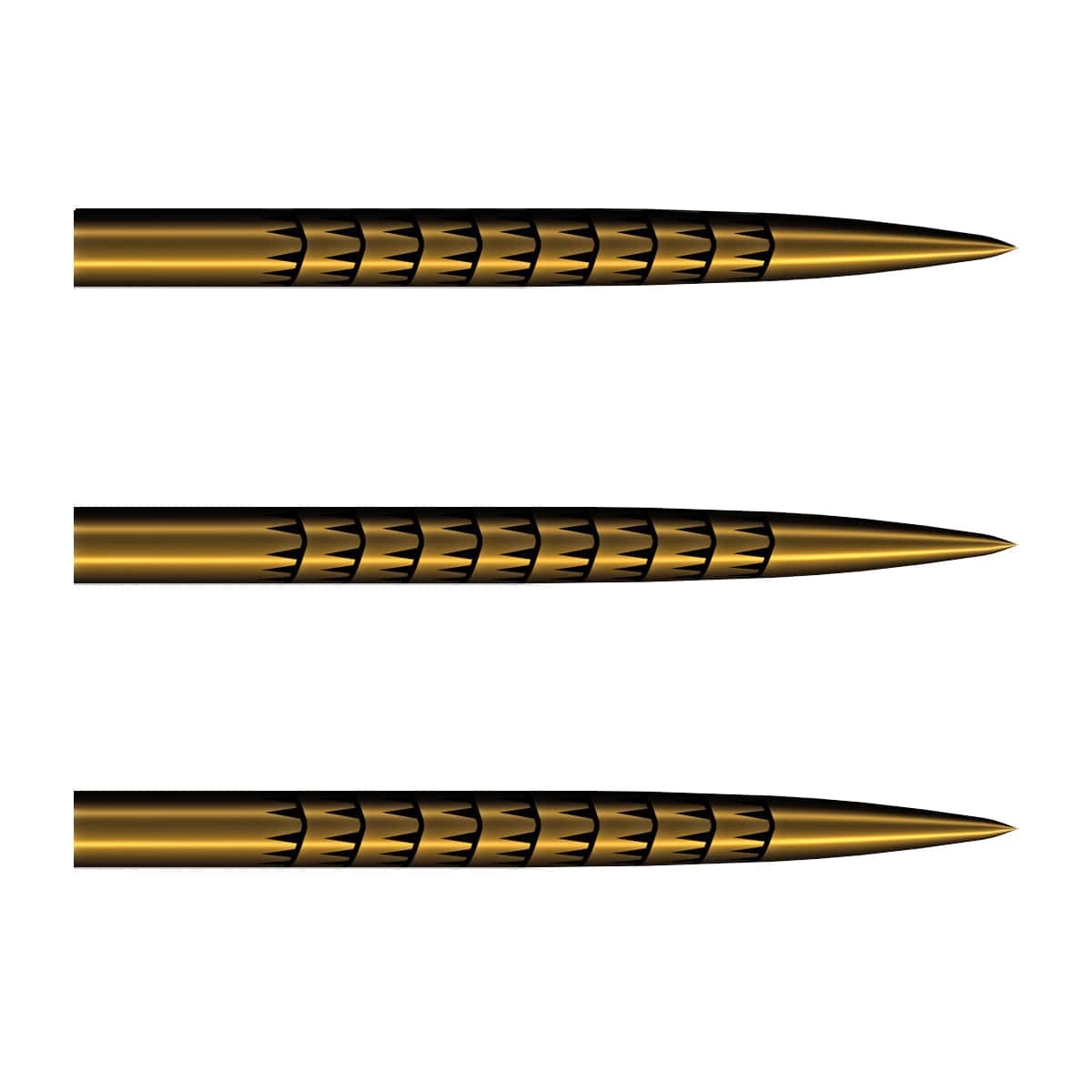 Shot Badlands Tracks steel tip dart points in Gold Ti, three shown on a white background
