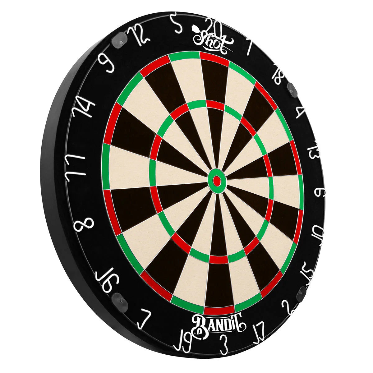 Angled view of Bandit 4th Generation bristle dartboard with staple-free wiring, full number ring, and vivid segmented design.