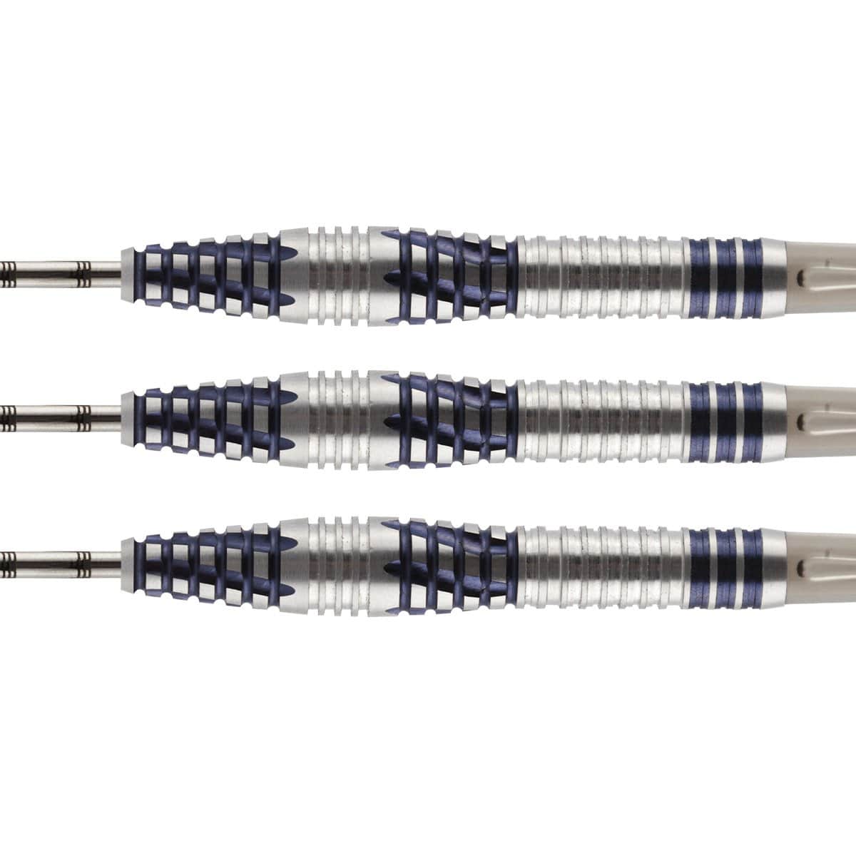 Close-up side view of three 90% tungsten darts with precision grip pattern and blue grooves on white background