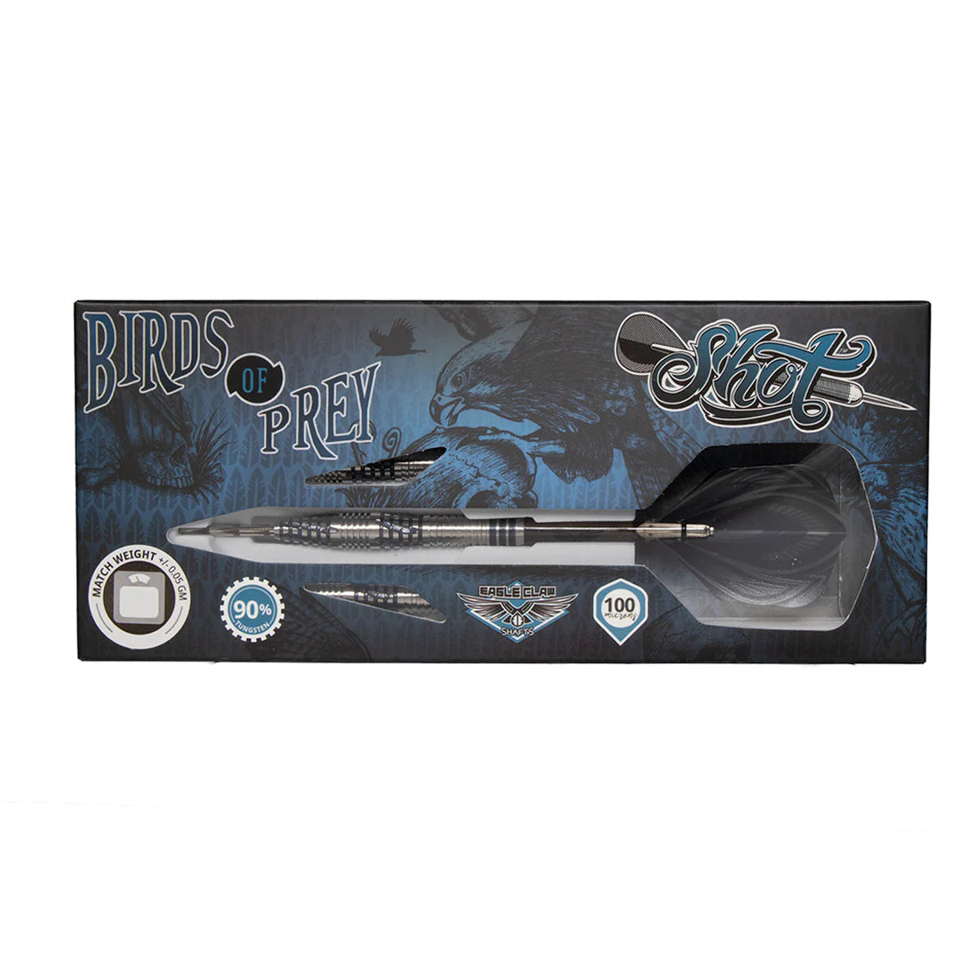 Falcon 90% tungsten steel tip darts set in retail packaging with visible dart barrel, flights, and shafts, full box display