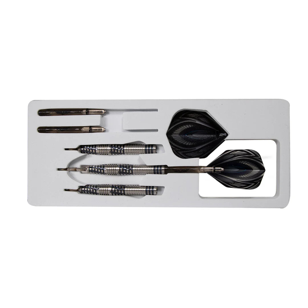 Top-down view of dart set in tray, three 90% tungsten darts with black flights, extra shafts and flights, ideal for steel tip dart equipment buyers