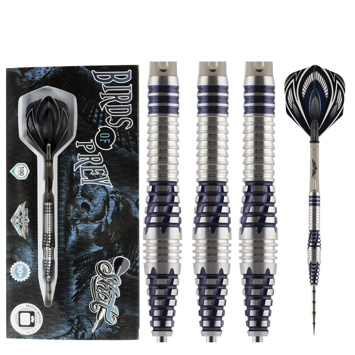 Birds of Prey Falcon tungsten darts set with retail packaging, showing detailed blue ringed grip and black flights on white background