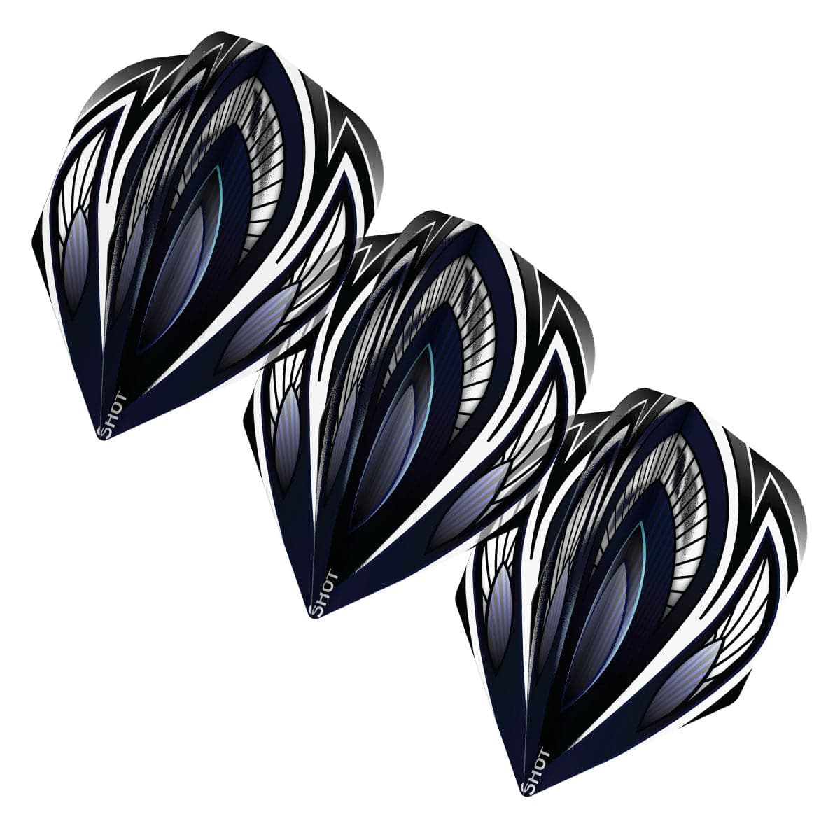 Three Falcon No.6 dart flights angled on white background, showcasing bold black and silver feather pattern for dart setup
