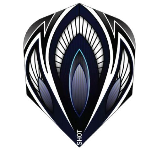 No.6 dart flight in black and blue with intricate falcon feather design, full product view on white background