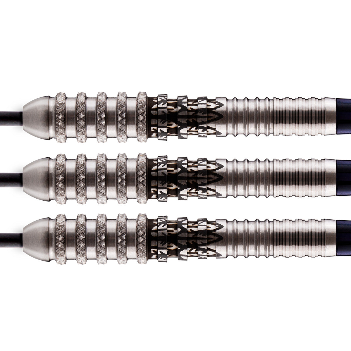 Close-up of three 80% tungsten dart barrels with knurled grip rings and precision laser-etched detailing, isolated on white