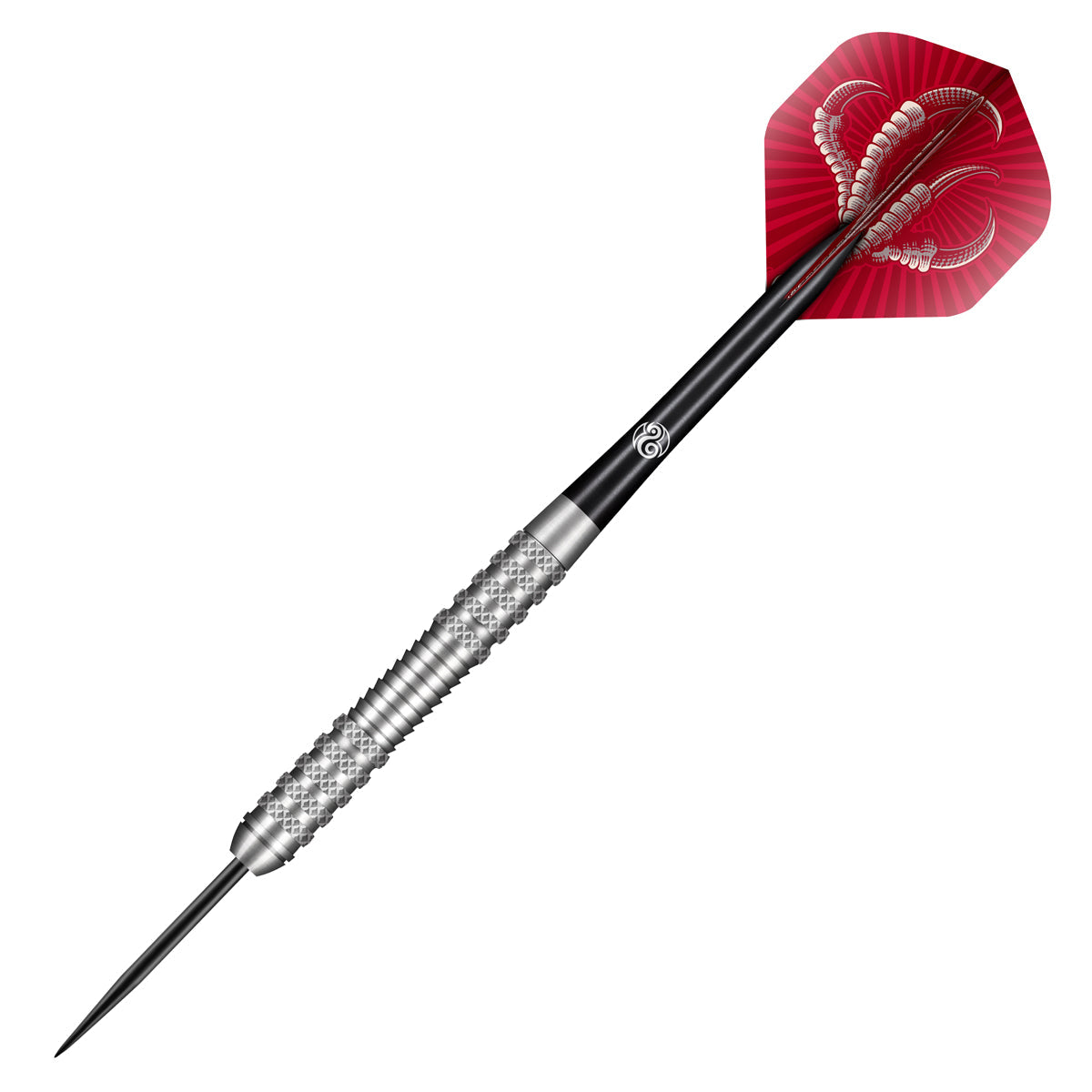 Steel tip tungsten dart full view on white background, showcasing knurled barrel grip and red flight with talon design