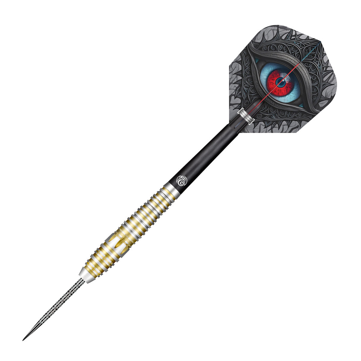 Angled full view of Celt Balor tungsten dart showing detailed grooved barrel, black shaft, and intricate blue eye flight on white background