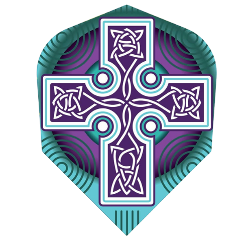 No.6 dart flight with bold Celtic cross design, intricate knotwork, purple and turquoise colors, isolated on white background