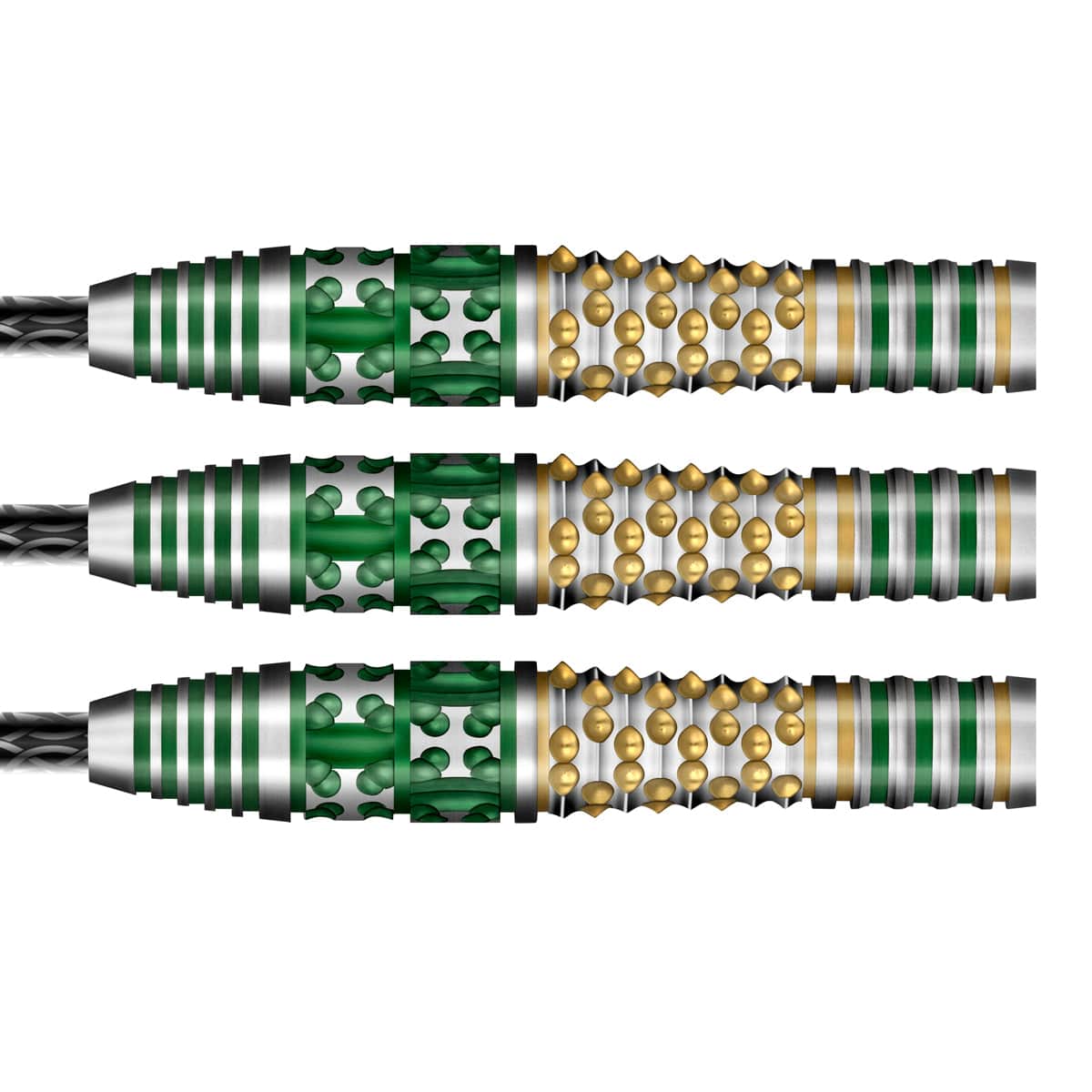 Close-up of 90% tungsten dart barrels with green and gold grip pattern, showing textured rings and precision machining, isolated on white.