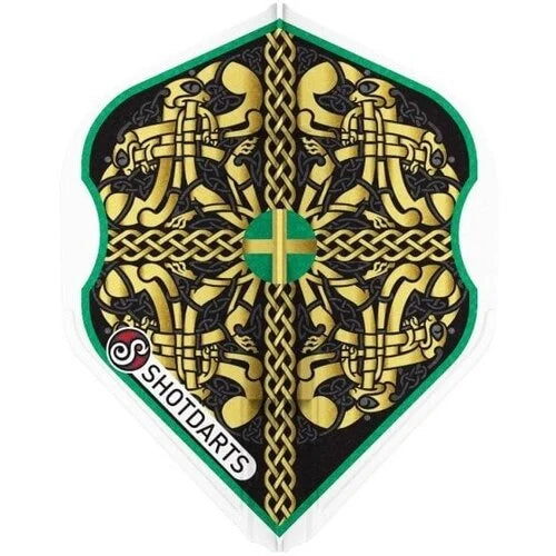 Close-up of Celtic knot dart flight with gold and green antler artwork, ideal for tungsten dart accessories