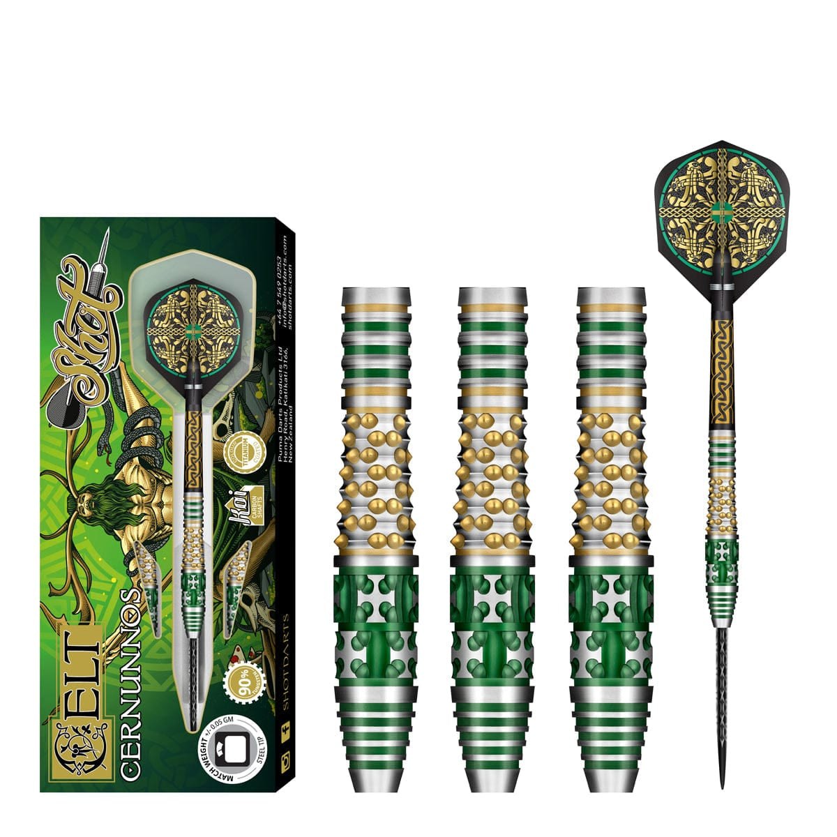 Celt Cernunnos tungsten darts 4-piece set with packaging, detailed barrel grip, green gold Celtic flights, isolated on white background