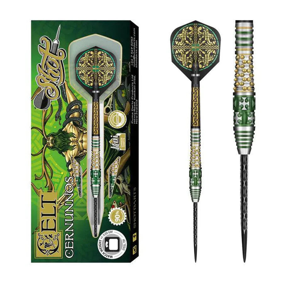 Celt Cernunnos 90% tungsten darts full set in box and isolated, featuring Celtic flights, precision grip barrels, and steel tips