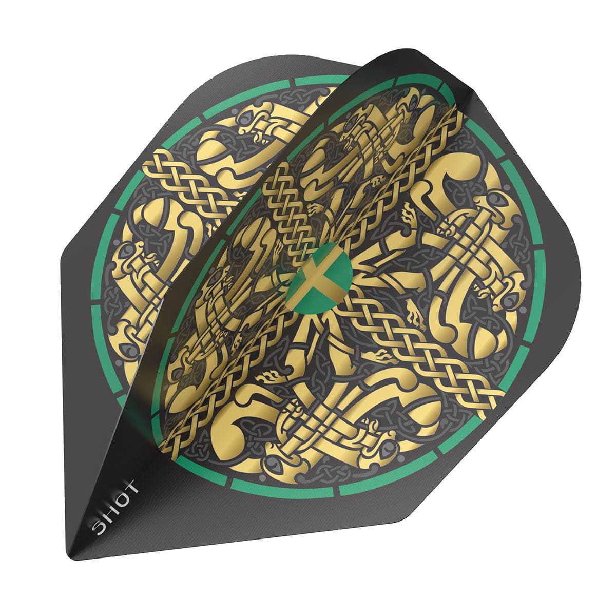 Close-up angled view of Celtic design dart flight with gold detailing, 100 micron thickness, isolated on white for darts setup