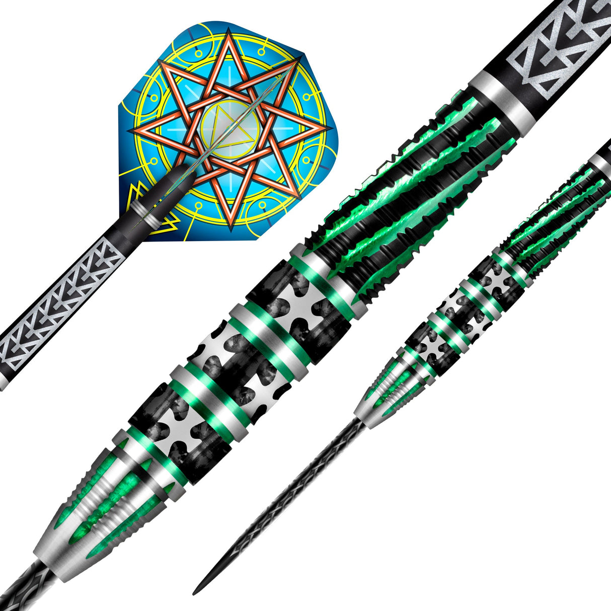 Close-up and angled views of tungsten darts with textured green barrels and Celtic design flights on white background