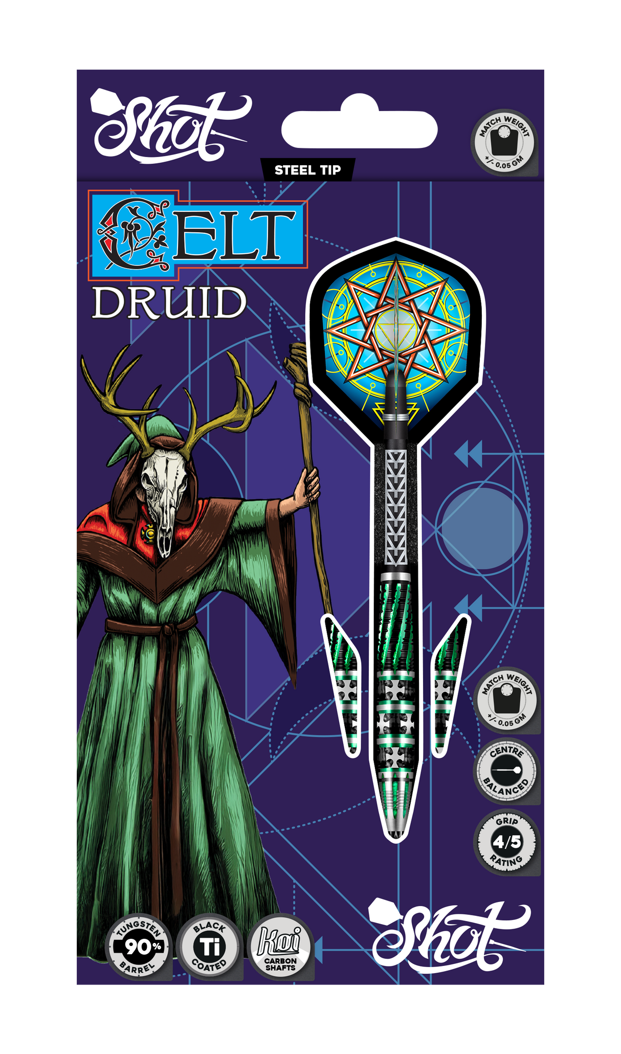 Steel tip tungsten dart in retail packaging, showing Celtic artwork, barrel grip texture, and unique green and black flight design