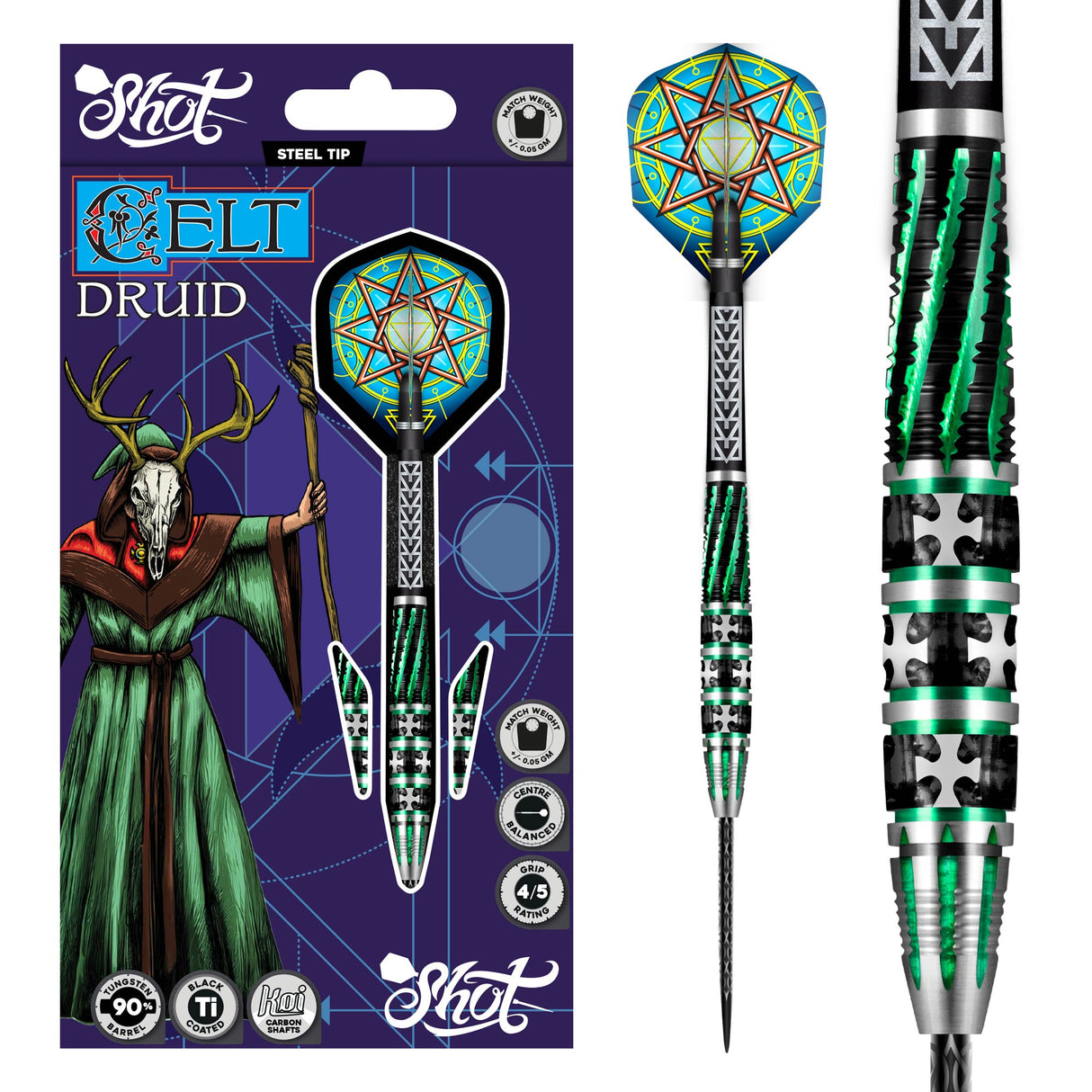 Steel tip tungsten dart with Celtic-themed flights in retail packaging, close-up highlighting green textured grip barrel
