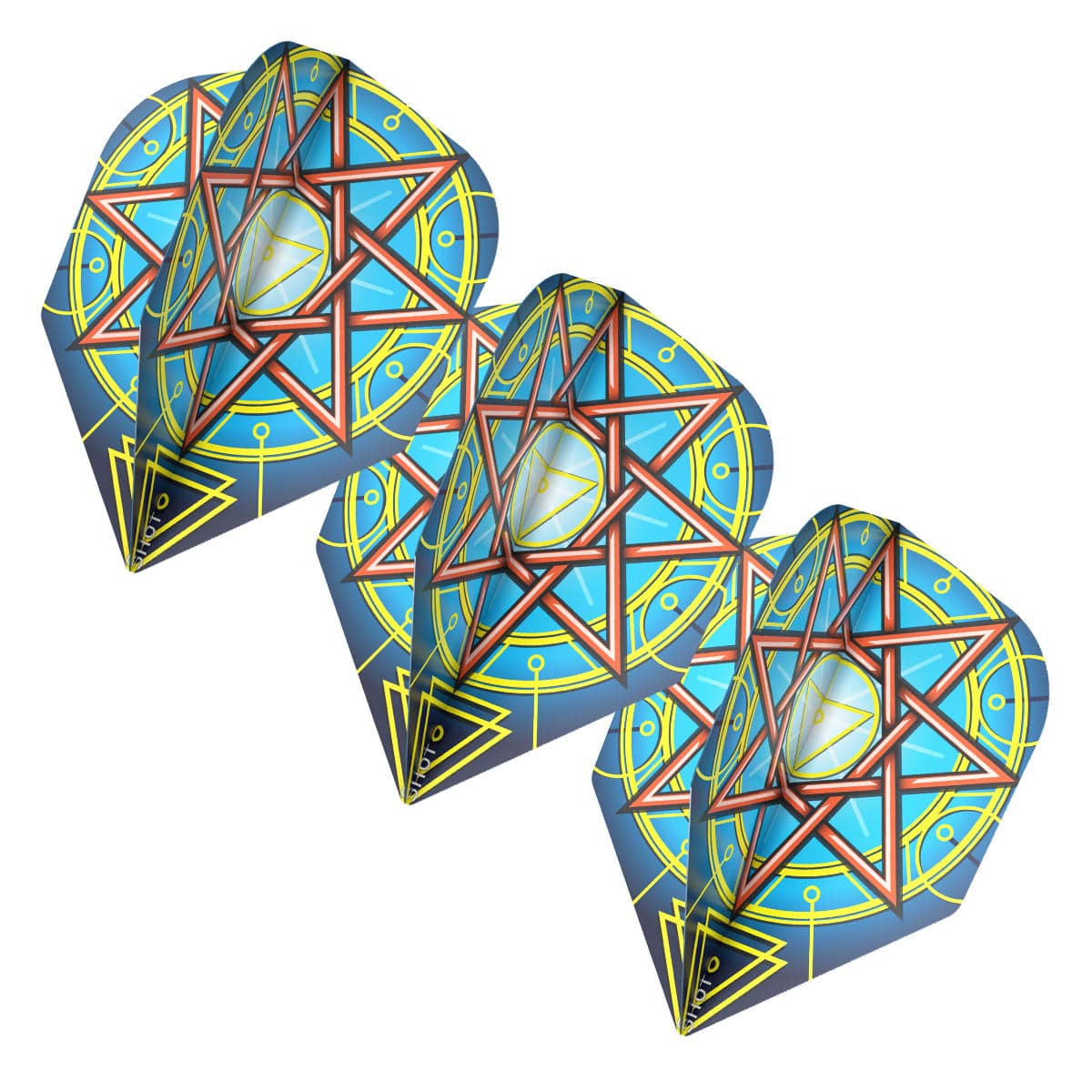 Three Celt Druid Small No.6 dart flights angled together on white background with vibrant geometric Celtic pattern detailing