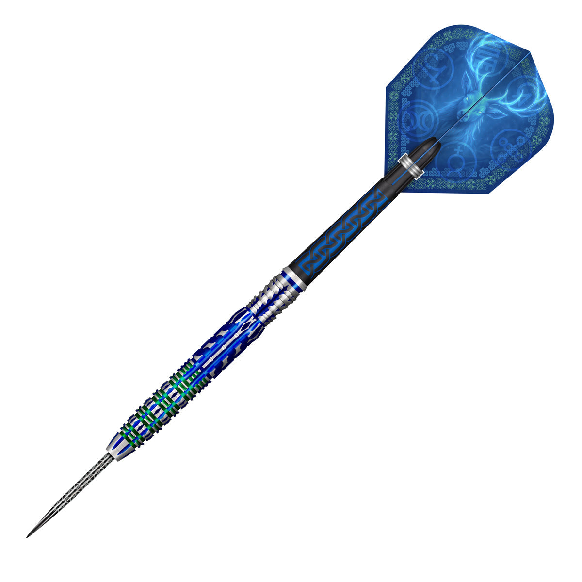 Full view tungsten dart with detailed blue grip, Celtic patterns, and decorative blue flight on white background