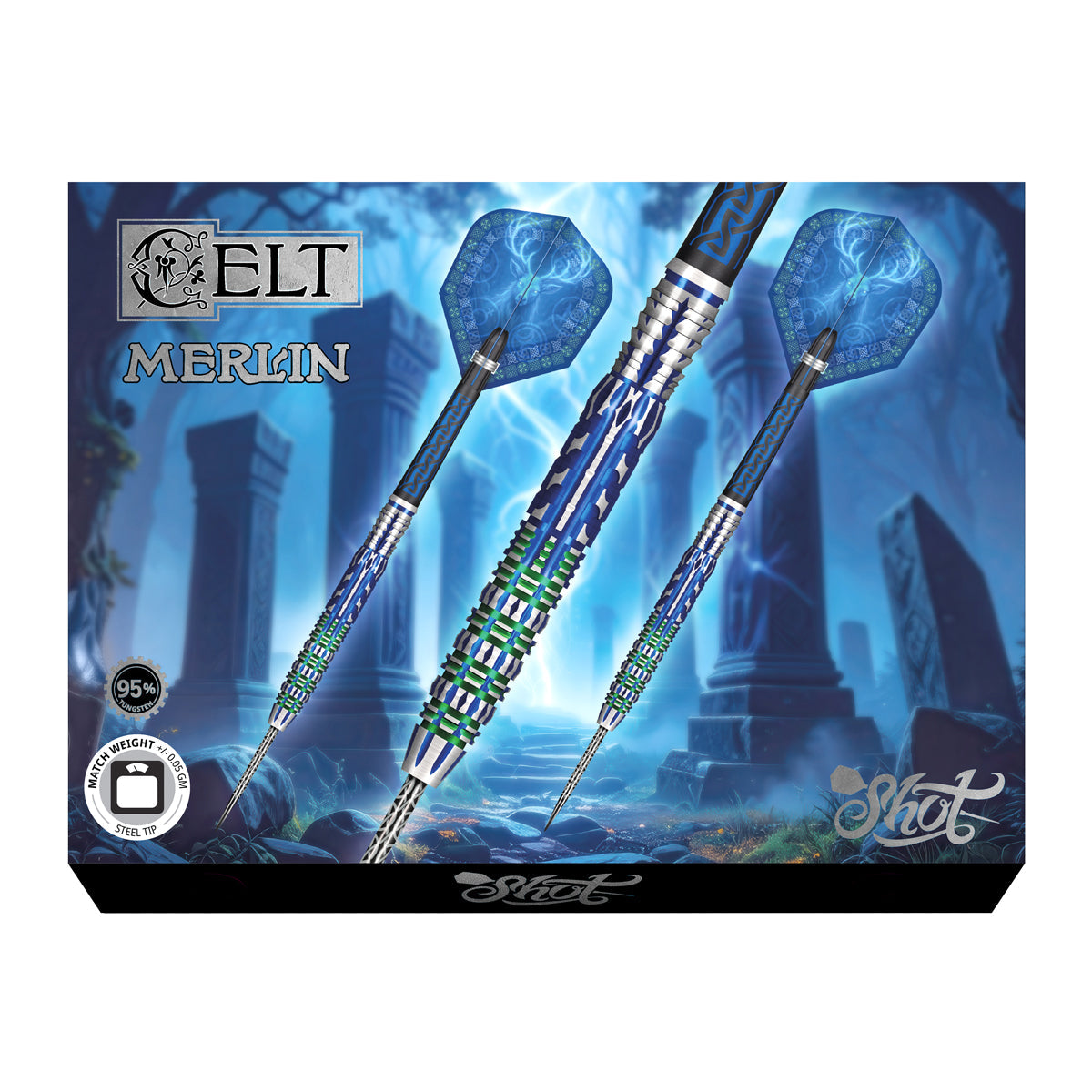 Celt Merlin 95% tungsten darts set in retail packaging, showcasing barrel grip detail, blue and green flights, steel tip design