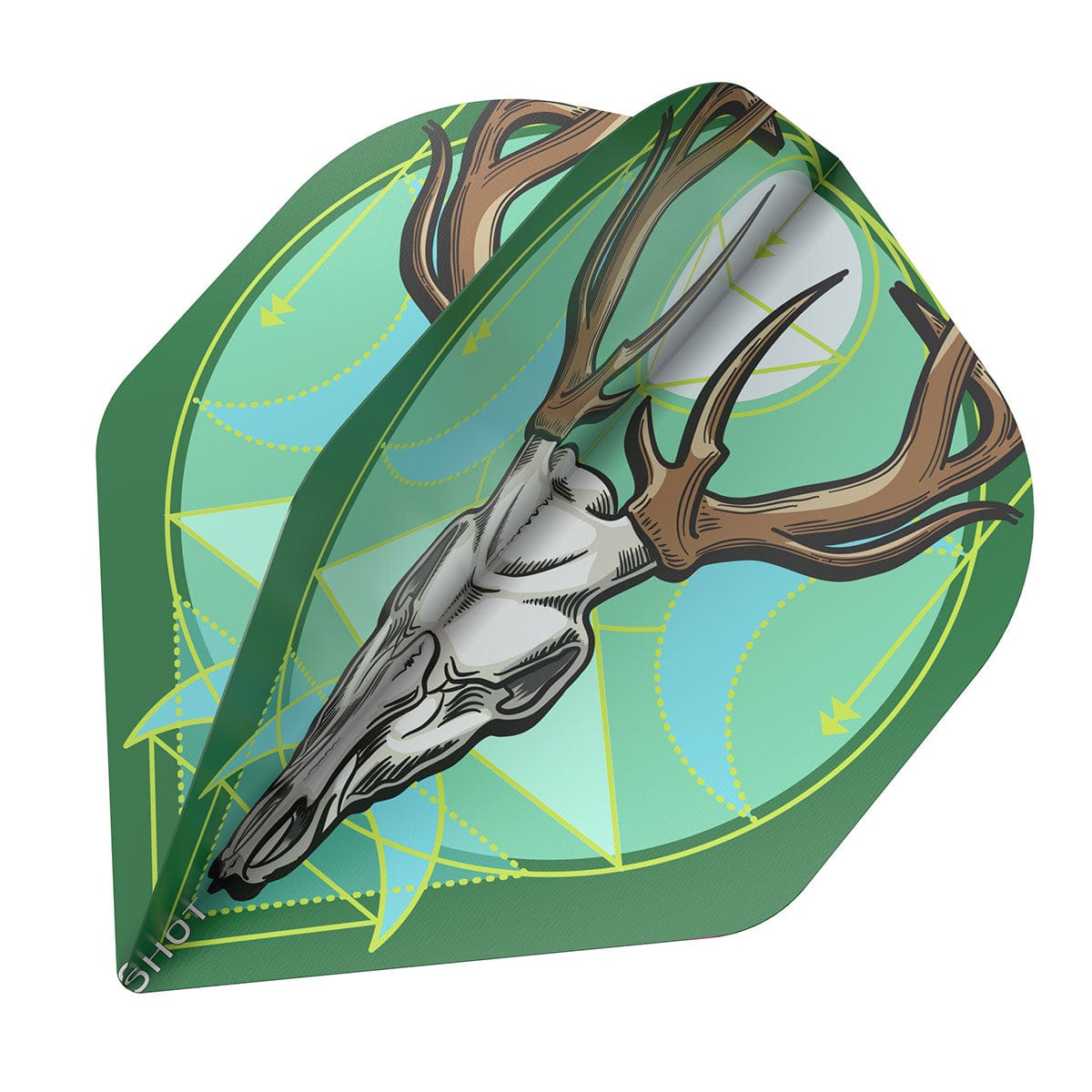 Close-up angled view of Celt Stag No.2 dart flight showing detailed stag skull design on durable 100 micron flight