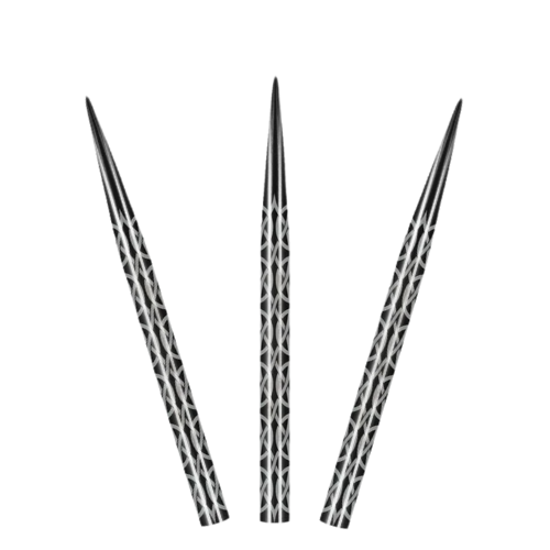 Three steel tip dart points with Celtic knot grip pattern arranged on white background for dartboard accuracy and enhanced control