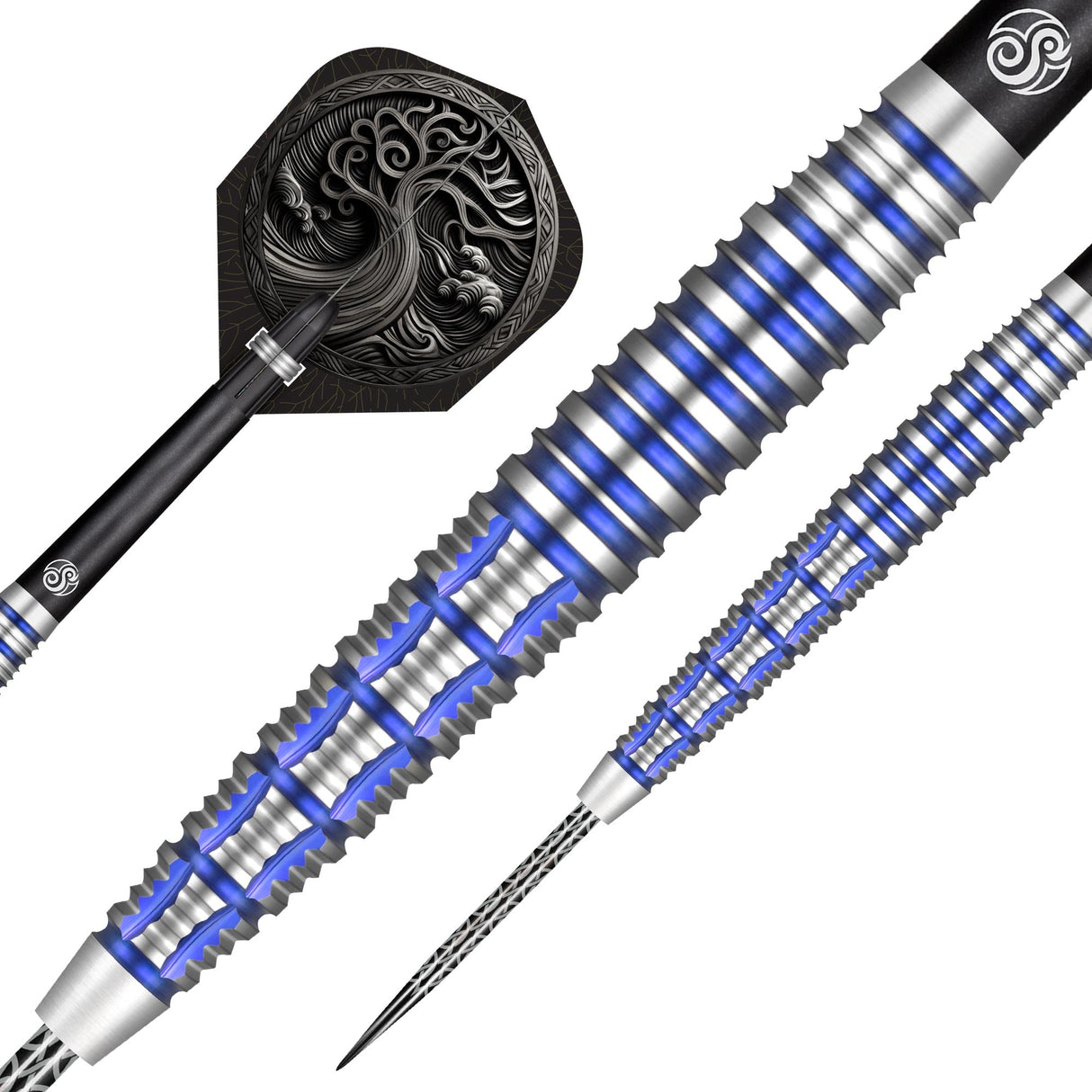 Macro and side views of 90% tungsten dart showing blue grooved grip, steel tip, and Celtic flight design on white background