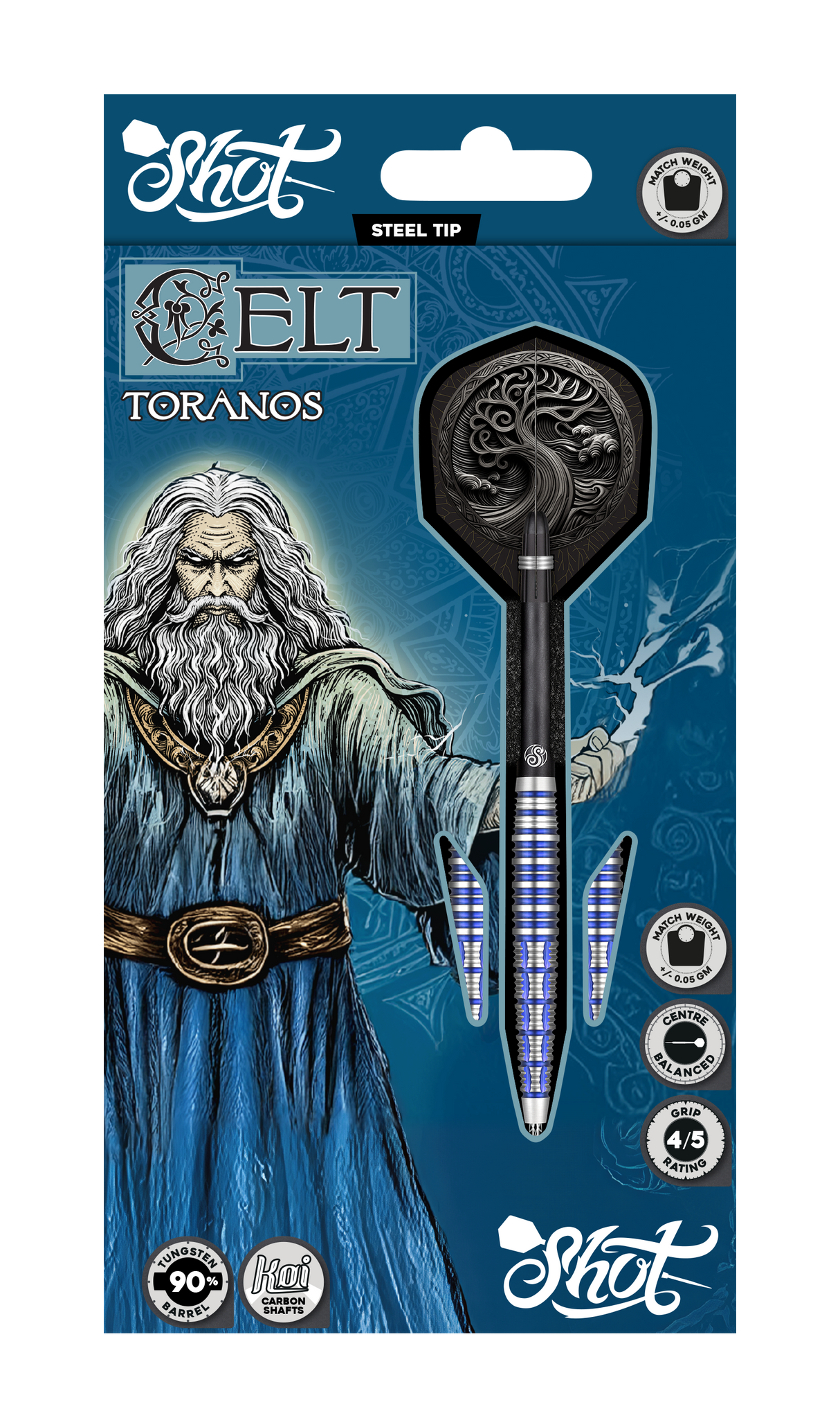Steel tip tungsten darts in retail packaging, full view showing blue ringed barrel grip, Celtic pattern flights, and match weight details