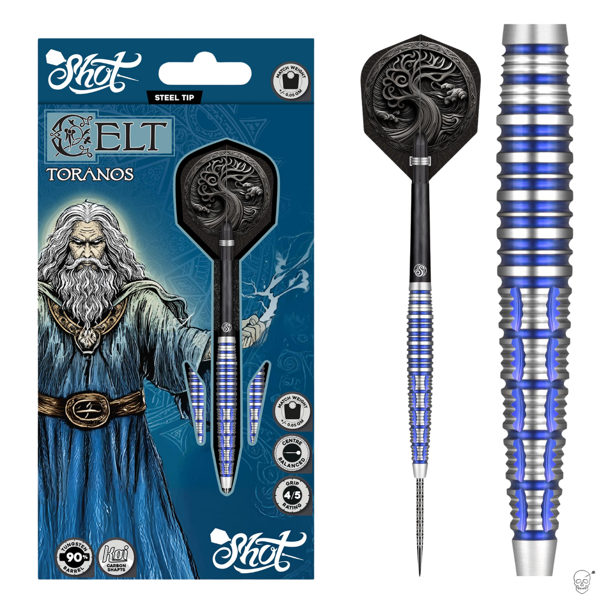 Steel tip tungsten dart in retail packaging with detailed blue silver barrel, close-up grip rings, Celtic flight design