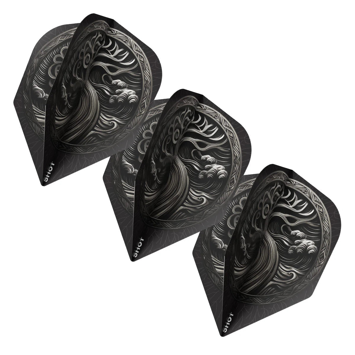 Trio of Celt Toranos No.6 dart flights angled to display intricate Celtic graphics, isolated on white for dart accessories detailing.