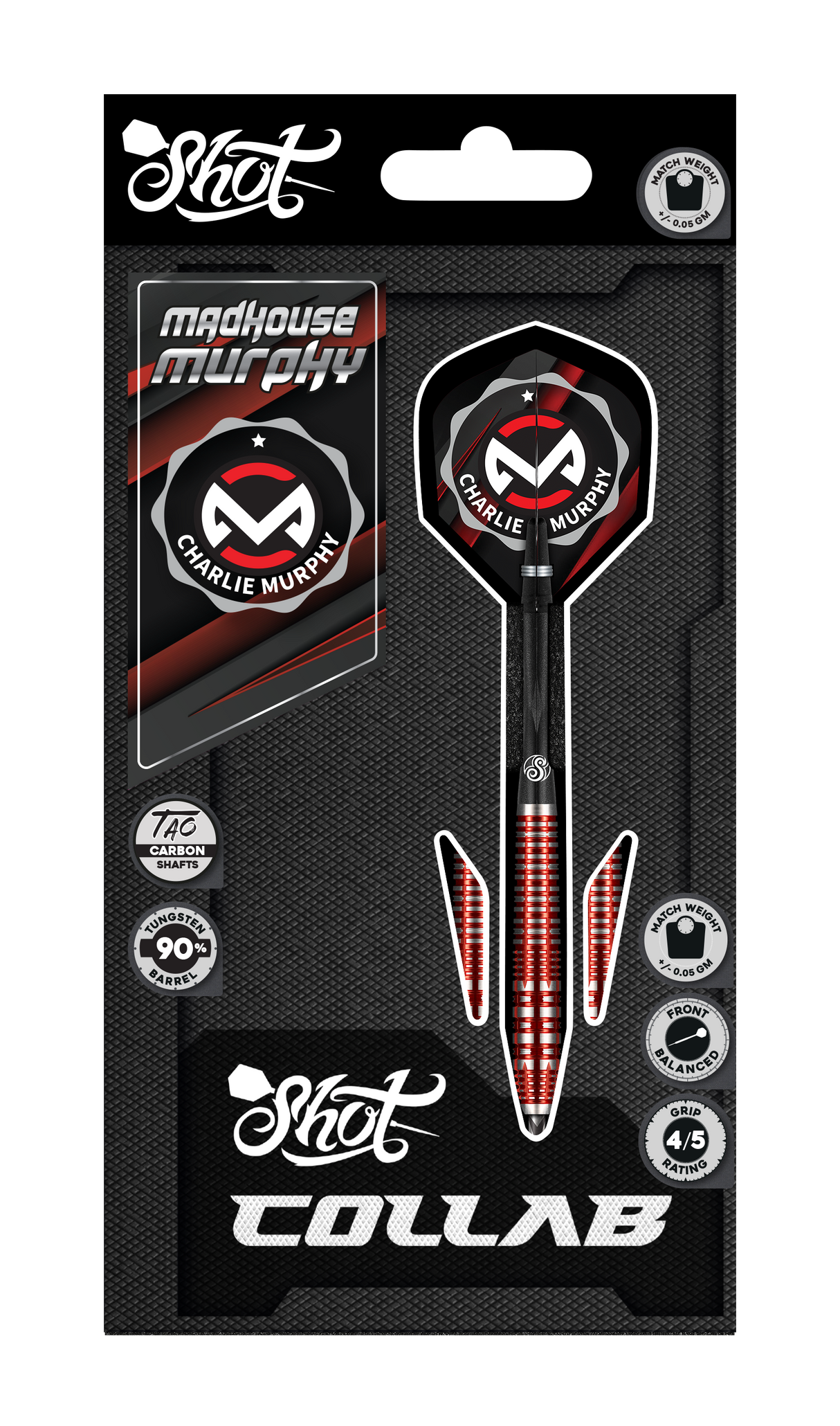90% tungsten darts in retail packaging with carbon shafts, front-balanced grip, and striking red-black barrel, featuring Charlie Murphy flight design