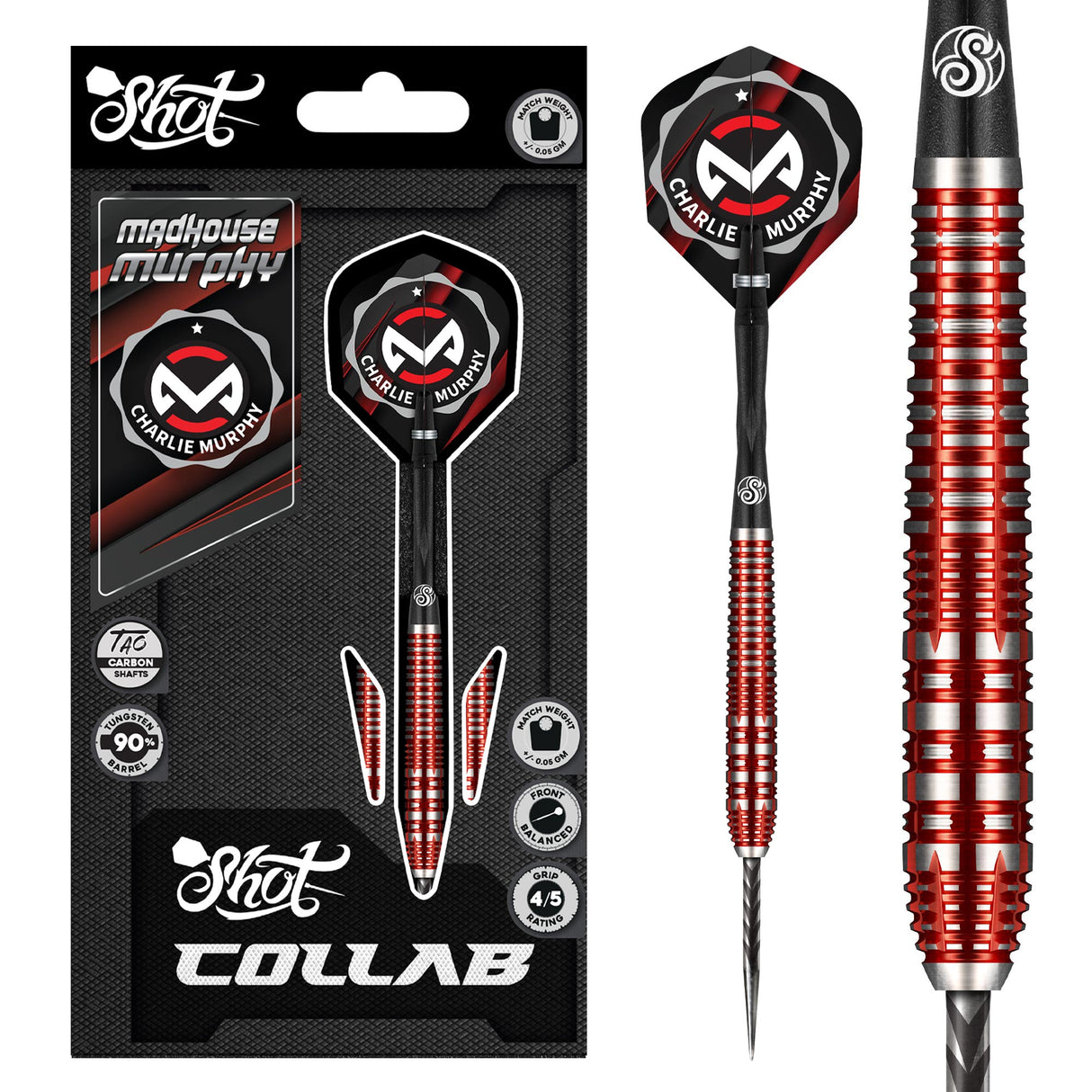 Retail packaging and close-up of 90% tungsten dart with red-ringed grip, carbon shaft, Charlie Murphy logo flight, pro dart equipment