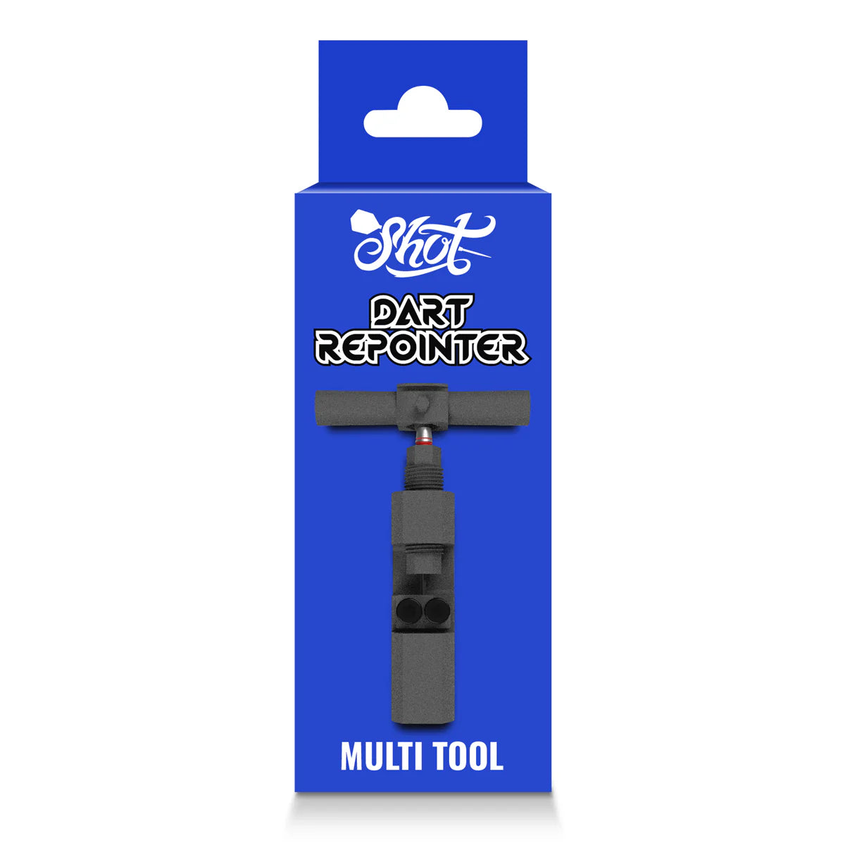 Dart repointer multi tool in blue retail packaging, front view, essential DIY darts accessory for replacing dart points