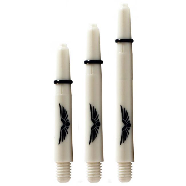 Three white dart shafts with eagle wing design, different lengths, 2BA thread, o-rings, isolated on white for dart accessories
