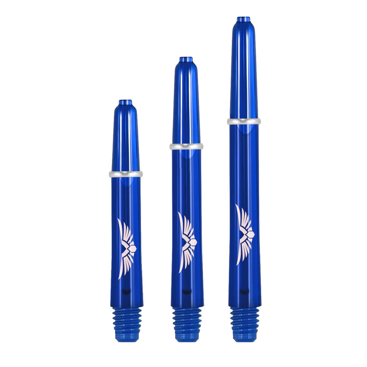 Three blue polycarbonate dart shafts in small, medium, and large sizes with eagle design, isolated on white background