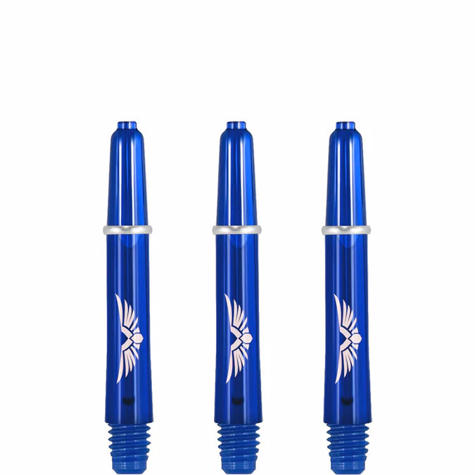 Blue polycarbonate dart shafts set of 3 with eagle design, 2BA threads, front full view on white background