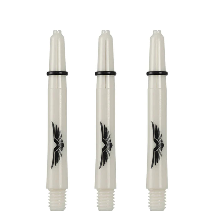 Three white polycarbonate dart shafts with eagle wing logo, 2BA threads, o-rings, isolated on white background, full set display