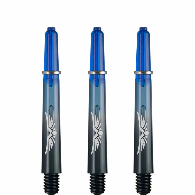 Three polycarbonate dart shafts with blue tops and eagle wing pattern, full view on white background for dart accessories