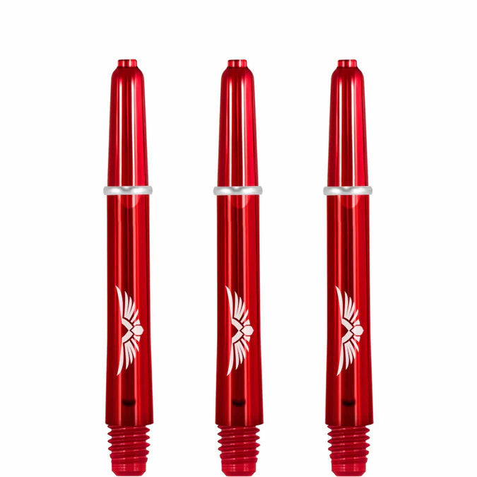 Three red polycarbonate dart shafts with white eagle logo, 2BA threads, front view on white background