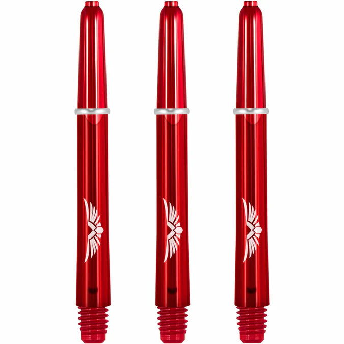 Three red dart shafts with eagle claw graphic, 2BA thread, displayed upright on white background for darts equipment