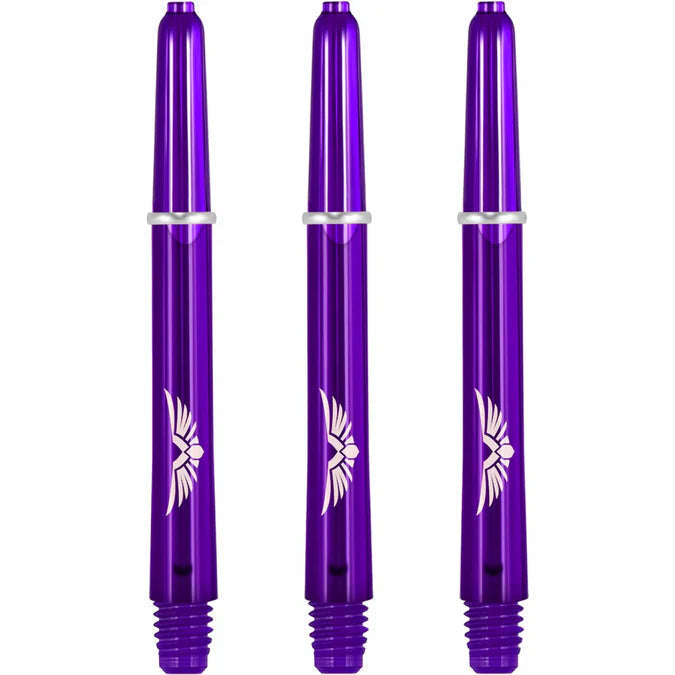 Three purple polycarbonate dart shafts with eagle design, deep flight cut, 2BA threads, isolated on white background