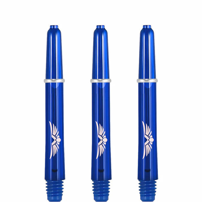 Set of three blue polycarbonate dart shafts with eagle design, upright full view on white, showing 2BA threads and deep cut flight slot