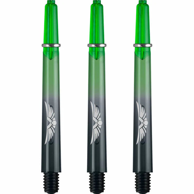 Three polycarbonate dart shafts with green top, eagle wing logo, and standard 2BA thread, full product view on white background