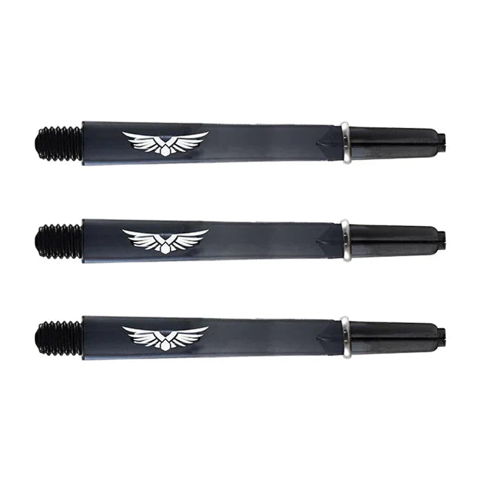 Three black dart shafts with wing graphics, 2BA thread, polycarbonate body, aligned horizontally on white background